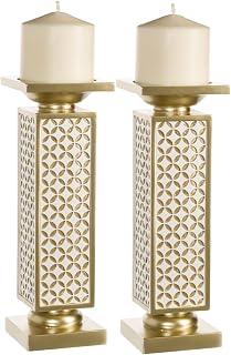 عرض حصري على Schonwerk Diamond Lattice Decorative Pillar Candle Holders, Set of 2- Functional Table Decorations- Centerpieces for Dining/Living Room- Best Wedding/Birthday (Gold &amp; White) - عروض أمازون السعودية