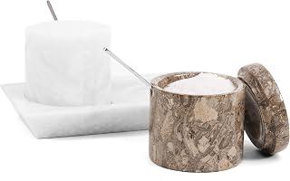 Exclusive Deal on White &amp; Oceanic Marble Salt Cellar Set of 2 with Tray &amp; Lids, 3 Inch - Amazon KSA Deals