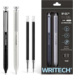 عرض حصري على WRITECH Gel Pens Fine Point: Premium Metal Barrel Retractable 0.7mm Black Ink Pen 2ct with 2 Refills No Smear &amp; Bleed Quick Dry Smooth Writing Silent Click Luxury Up-Gel - عروض أمازون السعودية
