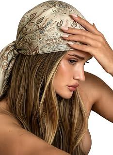 A square satin scarf with a paisley pattern, in cream and terracotta colors, used as a hair covering, for women.