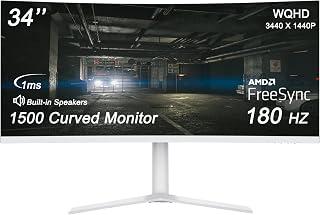 شاشة العاب منحنية عريضة للغاية 4K 3440×1440 WQHD، 180Hz، 1 مللي ثانية، لوحة VA مع اضاءة خلفية LED، مكبرات صوت مدمجة، انحناء 1500R، حامل قابل للتعديل، 2 × HDMI 2.0 و2 × منفذ عرض 1.4، ابيض
