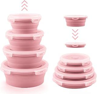 Collapsible Bowls with Lids for Camping Pink Kitchen Accessories, Silicone Flat Stacks Collapsible Storage Containers Sets for Food, Cute RV Storage and Organization, BPA Free, Freezer Microwave Safe