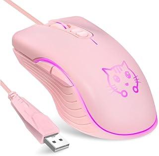 CORN Gaming Wired USB Mouse, 2400DPI 4 Adjustable Levels, Ergonomic Slient Mouse for PC/Desktop/Laptop - Pink Cat