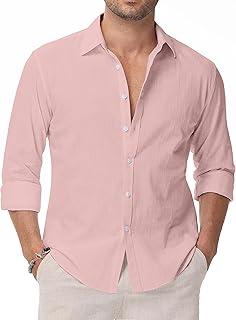 Exclusive Deal on Linen Shirts for Men Casual Button Down Long Sleeve Shirt Solid Summer Beach Hawaiian Shirts - Amazon KSA Deals
