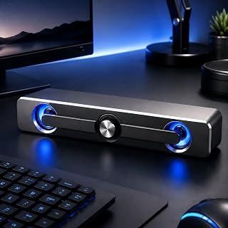 Wired Computer Sound Bar, USB Powered PC Speakers with Cool Blue LED Light, Dual‑Driver Desktop Soundbar with Volume Knob &amp; 3.5mm Audio Jack for Laptop Monitor Desktop Gaming Office