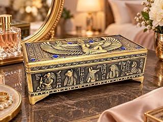 Immatgar Luxury Egyptian Jewelry Storage Box with Pharaonic Pattern - premium Souvenir gifts for Women and Girls - Home Decor Piece (iisis - Burnt Yellow - 18.5 CM Long)