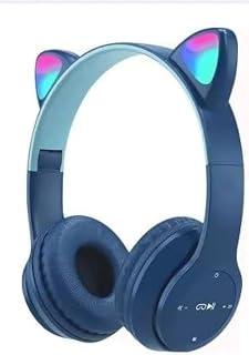 P47M Cat Ear Wireless Bluetooth Headset with Colorful LED Light, Built-in Microphone, Support Memory Card, for Gaming, Mobile, Kids (Blue)