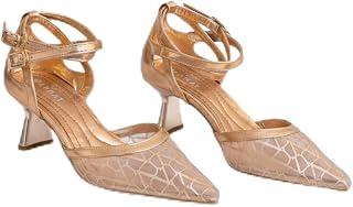 Shoes Mid Heels Fabric And Leather With Buckle F-601