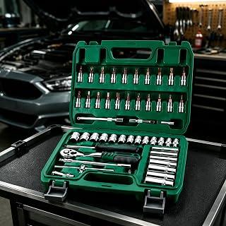 LEDPTS.jP HP-ST53 53-Piece Automotive Mechanics Tool Set, Carbon Steel Socket Wrench Kit with Portable Storage Box, Professional &amp; DIY Car Repair Maintenance Tool Kit Green