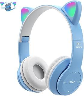 Kids Wireless Headphones, Megadream Bluetooth Over Ear Headphones with Microphone, Cat Ear LED Light Child Headset TF Card/Wired Foldable Earphones for Girls Boys Gift Age 7+(Blue)