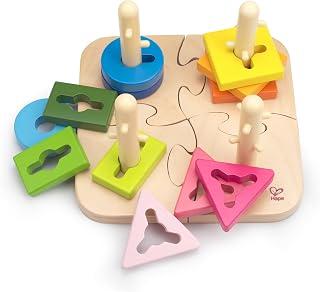 Creative Peg Puzzle by Hape | Wooden Stacker Peg Problem Solving Puzzle for Toddlers, Stacking Toy with Different Grooved Shapes, Pegged Posts and Bright Colours