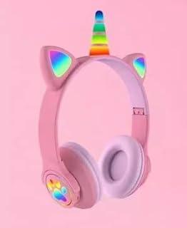 Illuminated Unicorn Headphones with LED Lights and Cat Ears, Bluetooth V5.0, Wireless for Boys and Girls with Volume Limiting. You Can Answer Calls, (Pink-Pink)