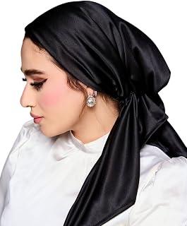 Black Silk Hijab, Satin Headwear, Long Muslim Scarf, Soft Head Wrap for Women