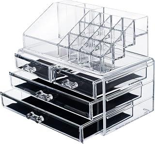 Acrylic makeup jewelry vanity organizer - clear lipstick make up brush display case container for beauty products! 16 slot 4 box drawers holder storage earring and other cosmetic items for bathroom!