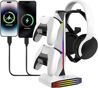 عرض حصري على Asixxsix RGB Headset and Controller Stand, Dual Purpose Gaming Organizer with 2 USB and 1 Type C Charging Ports, with Light Modes, Earphone Hanger PC Desktop Gaming Accessories - عروض أمازون السعودية