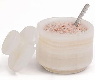 Exclusive Deal on White Onyx Marble Salt Cellar Set of 2 with Lid &amp; Spoon, 3 Inch Handmade Natural Stone Spice &amp; Sugar Containers for Kitchen Countertop Storage, Elegant Seasoning Jars, Luxury Kitchen Accessory - Amazon KSA Deals