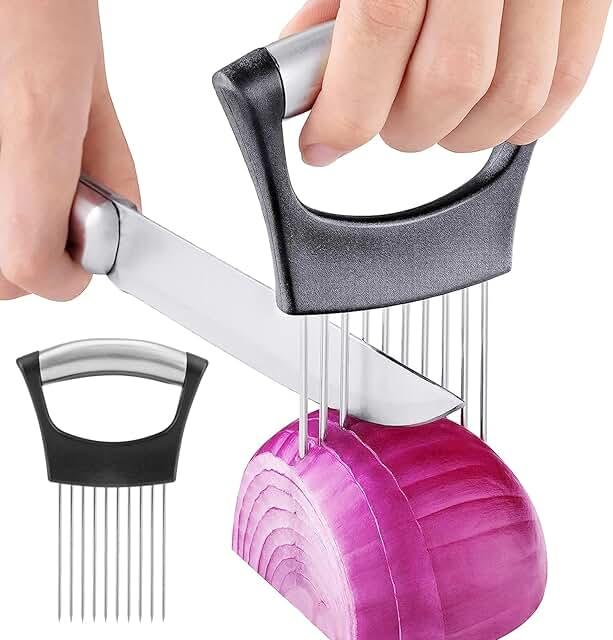 Exclusive Deal on Stainless Steel Onion Holder Slicer, All-In-One Multifunctional Lemon Slicer Onion Cutter, for Potato and Tomato, Avocados, Eggs, Food Slicer Assistant Tool for Slicing Fruit Lemon and Meat - Amazon KSA Deals