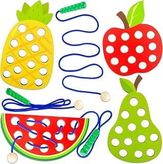 4 Pack Wooden Lacing Toy for Toddlers,Educational Threading Activity Puzzle Toys,Learning Fine Motor Skills Travel Game Toys for Kids 3-5,1 Pineapple,1 Pear,1 Apple,1 Watermelon