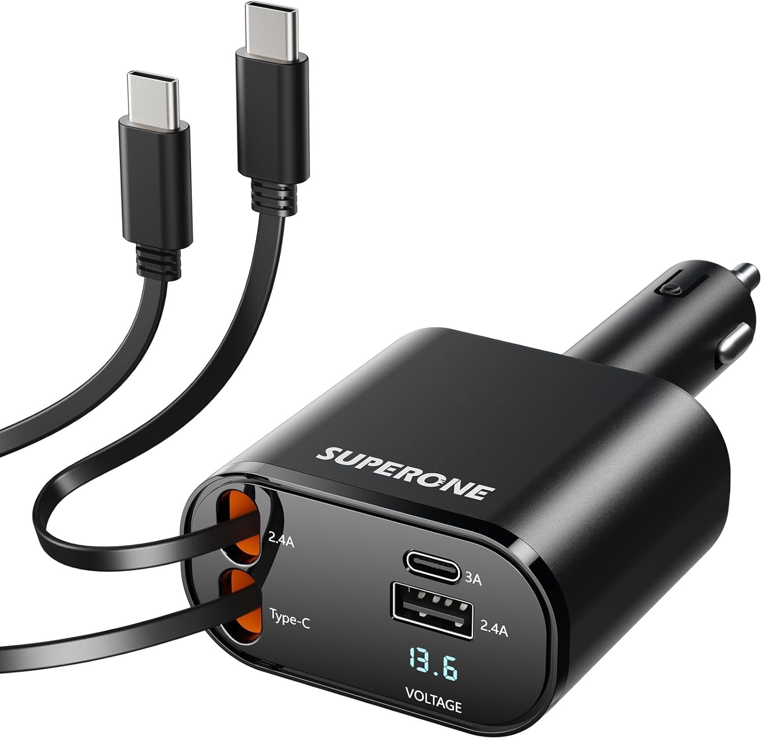 SUPERONE Retractable Car Charger for iPhone with Dual Type C Cables, 4 in 1 USB C Car Charger Adapter with 69W Fast Charging Compatible with iPhone 17 16 15...