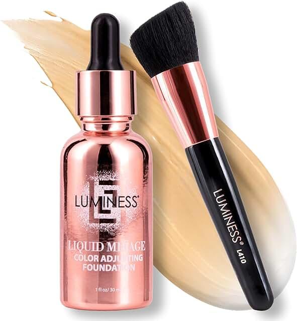 LUMINESS Liquid Mirage w/SPF 50 Color Adjusting Foundation Kit - Color Changing Foundation, SPF 50 Primer & Makeup Brush, Face Makeup for Mature Skin, 4in1 Liquid Foundation, Concealer & Moisturizer
