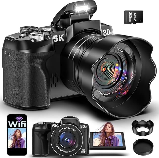 5K Digital Cameras for Photography - 80MP WiFi Vlogging Camera for YouTube with 3" 270° Flip Screen - UHD Fast Autofocus Video Camara for Beginner Travel Camaras with 18X Zoom, Memory Card, Lens Hood