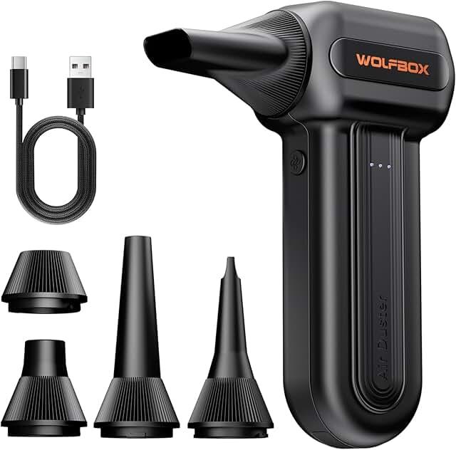 WOLFBOX MF60&MF70 Compressed Air Duster-110000RPM Super Power Electric Air Duster, 3-Speed Adjustable Rechargeable Cordless Air Blower with Fast Charging for PC Keyboard Cleaning, Car, Home (Black)