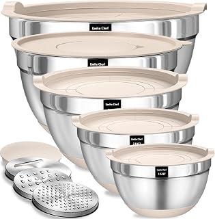 Umite Chef Mixing Bowls with Airtight Lids Set, 8PCS Stainless Steel Nesting Bowls with Grater Attachments, Non-Slip Bottoms, 5, 4, 3.5, 2, 1.5QT for Mixing & Serving