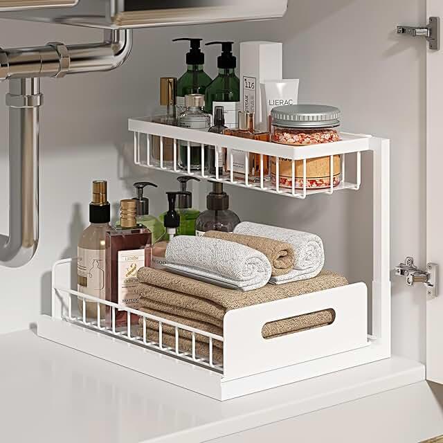Under Sink Organizer, L-Shaped 2 Tier Pull Out Cabinet Organizer | Slide Out Sink Shelf Cabinet Storage Shelves, Under Sink Storage for Kitchen Bathroom Cabinet, White, 1 Pack