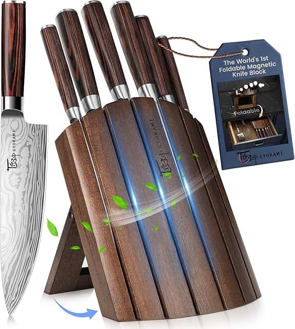 2026 Upgrade Kitchen Knife Set, Foldable Magnetic Acacia Wood Block | Japanese Style 7-Piece High Carbon Stainless Steel Chef Knife Set, Full Tang Wood Handle, Damascus Pattern, Ideal for Gift