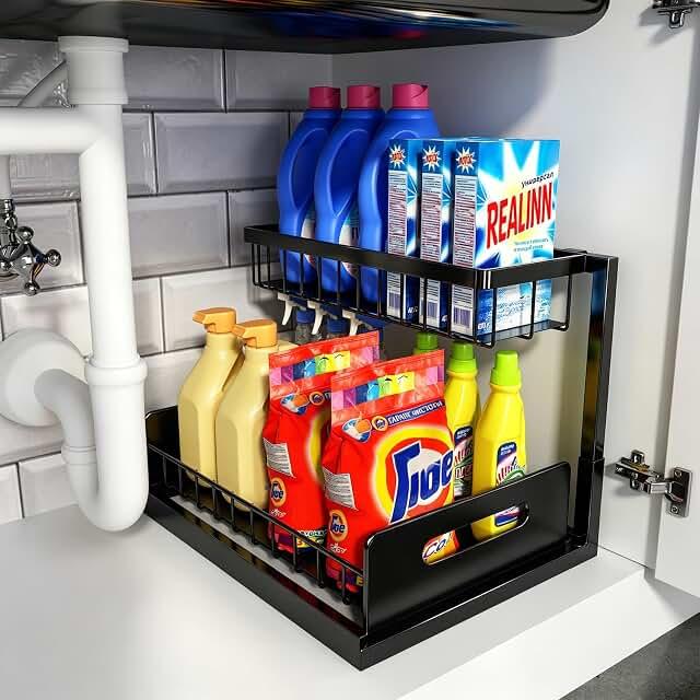 Under Sink Organizer, L-Shaped Pull Out Cabinet Organizer, Kitchen | 2 Tier Metal Slide Out Shelf for Kitchen, Bathroom, Laundry, and Utility Cabinet Storage for Deep Cabinets, Black, 1 Pack