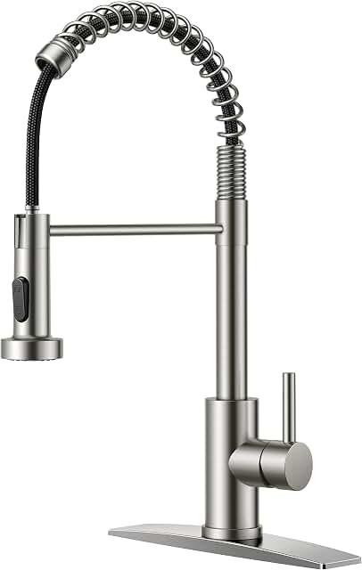 FORIOUS Kitchen Faucet Pull Down Sprayer, Classic High Arc, Brushed Nickel | Lead-Free Stainless Steel, Single Handle Commercial Spring Sink Faucet for Laundry Utility Room, Bar Outdoor Farmhouse Camper