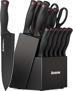 Astercook Knife Set for Kitchen with Block and Sharpener 15pcs German | Stainless Steel Kitchen Utensils Set Dishwasher Safe